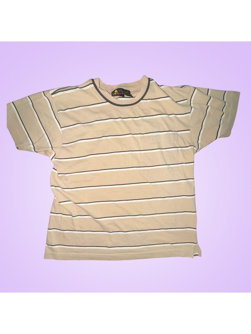 Liz Sport Women’s Small Beige Gray Black Striped Short Sleeve T-Shirt